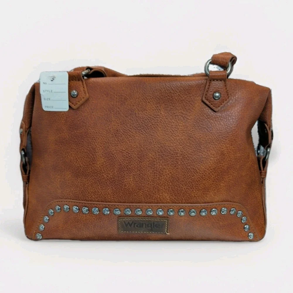 Wrangler Brown Studded Satchel Top Handle Bag with Logo Patch and Zip Closure LN